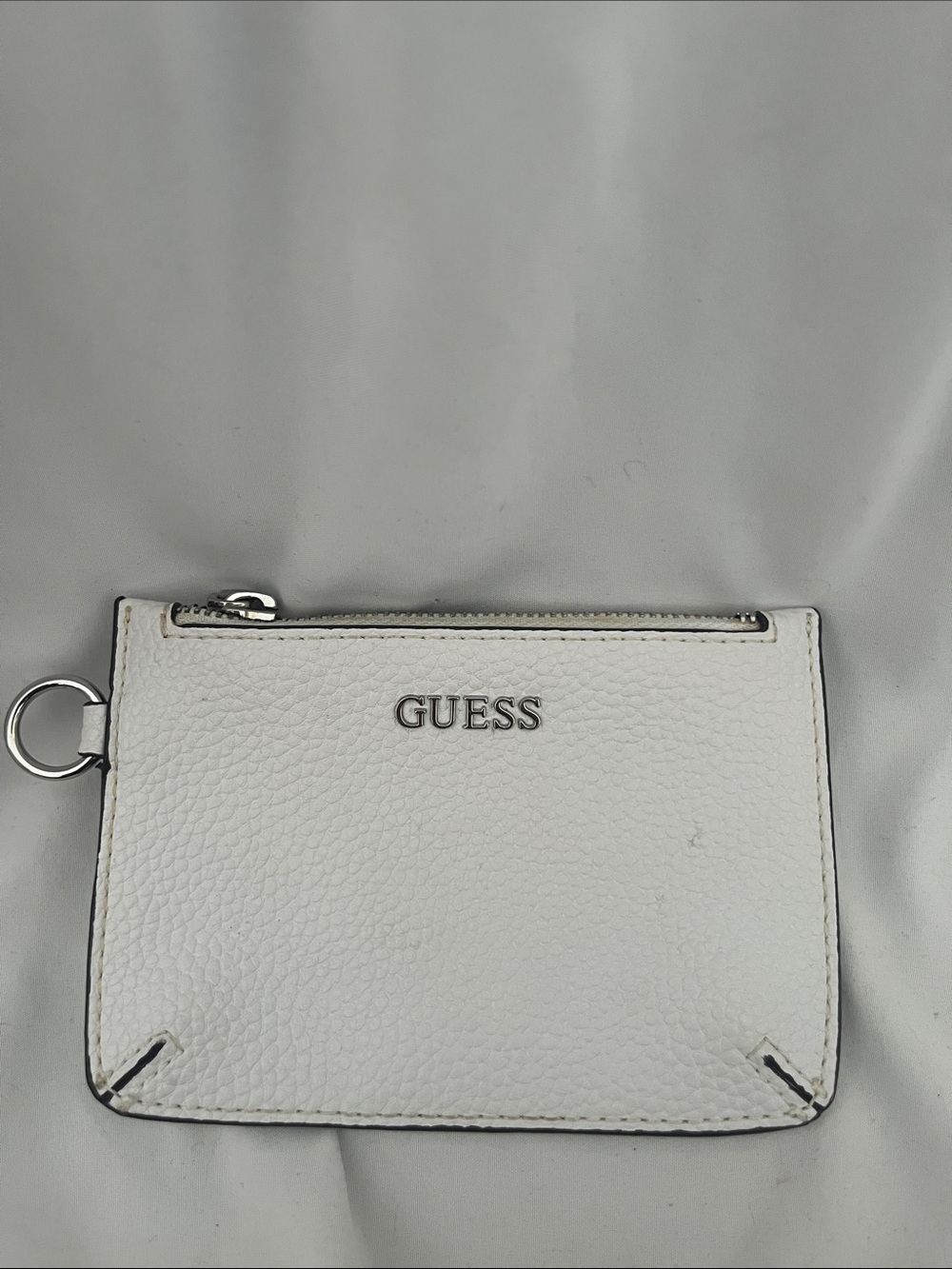 GUESS White Pebbled Leather Zip Card Pouch
